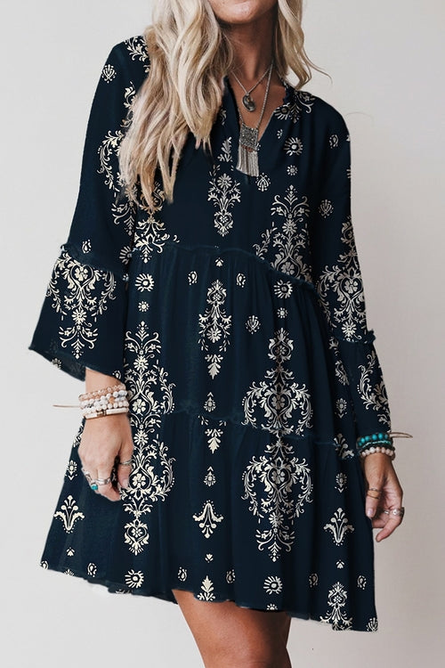 Boho Floral Lettuce Trim 3/4 Sleeve Mini Dress