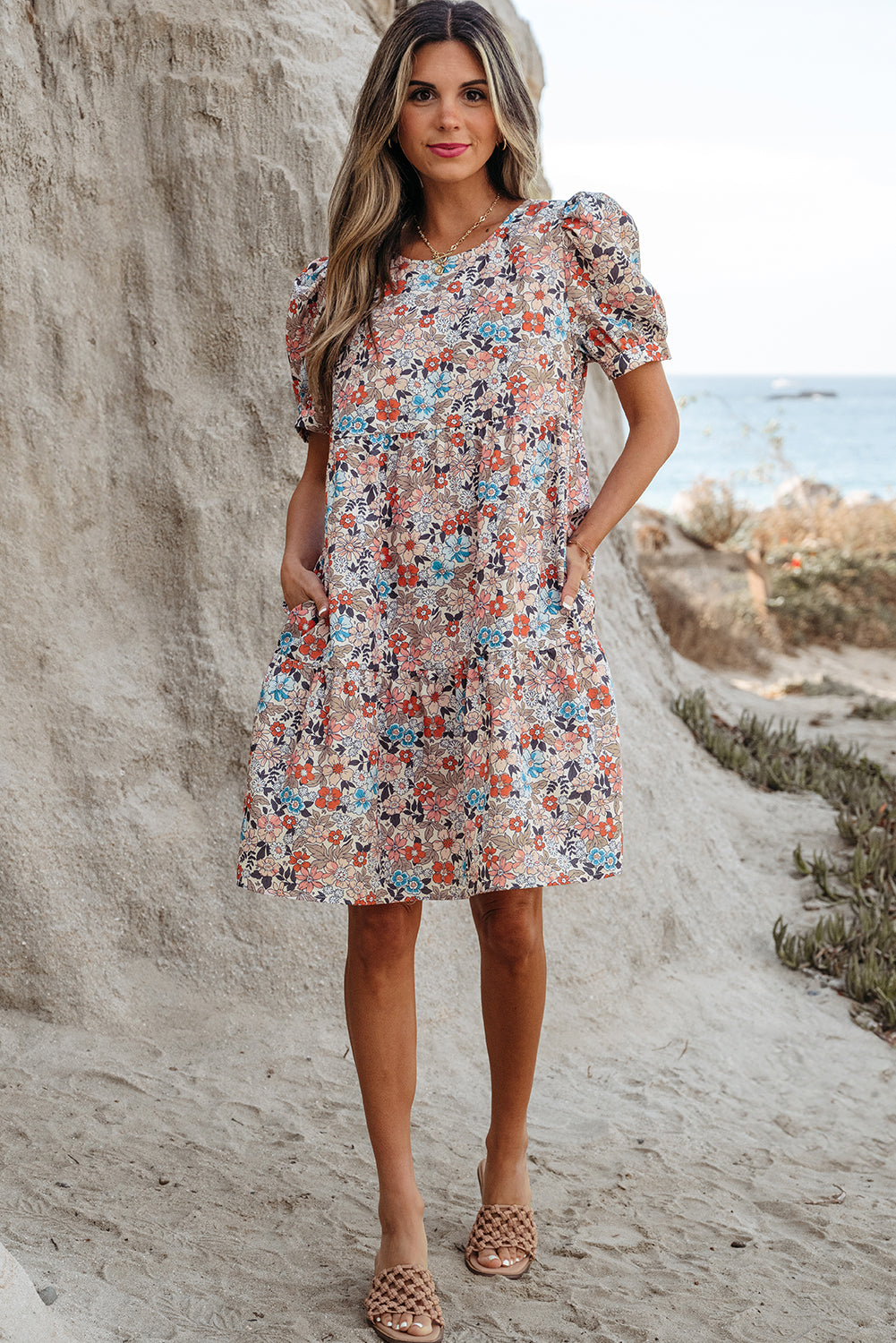 Boho Floral Short Puff Sleeve Mini Dress