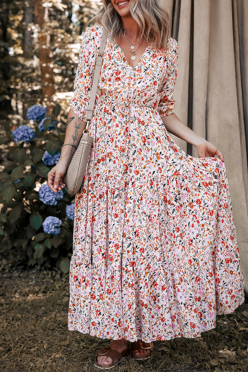 Boho Floral 3/4 Sleeve V‑Neck Maxi Dress