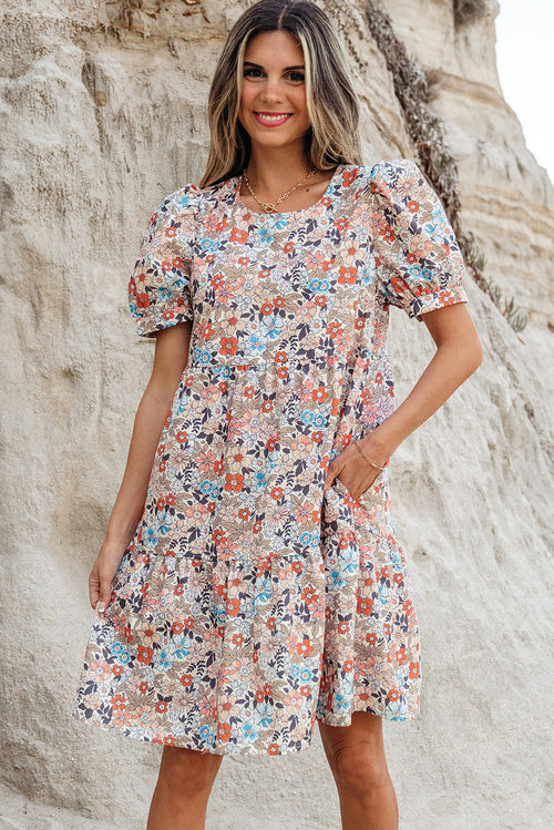 Boho Floral Short Puff Sleeve Mini Dress