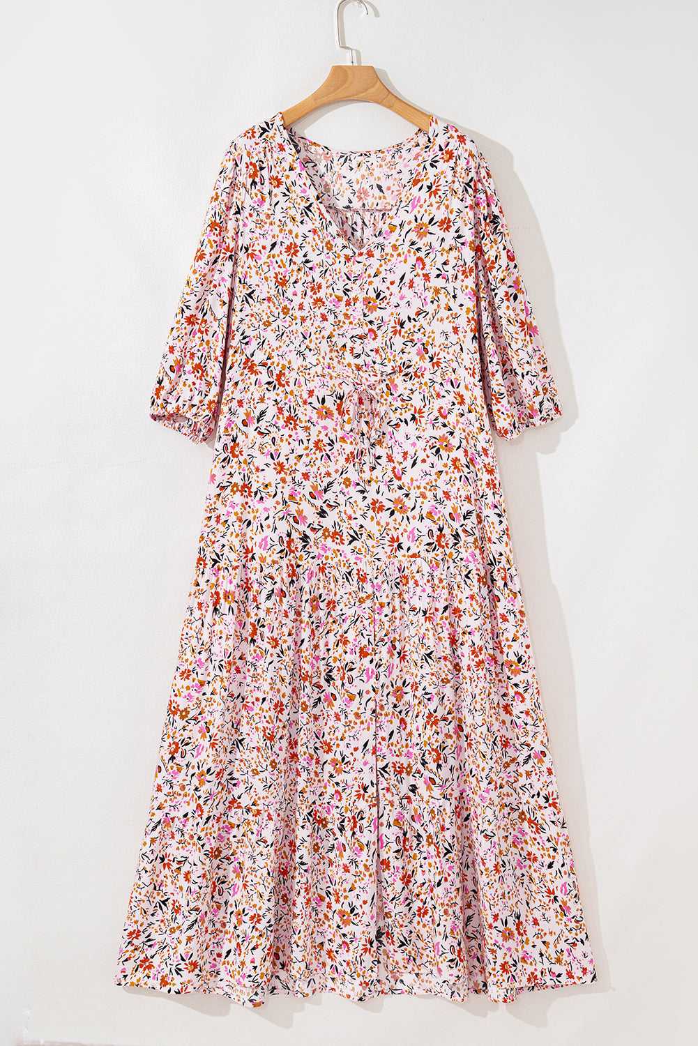 Boho Floral 3/4 Sleeve V‑Neck Maxi Dress