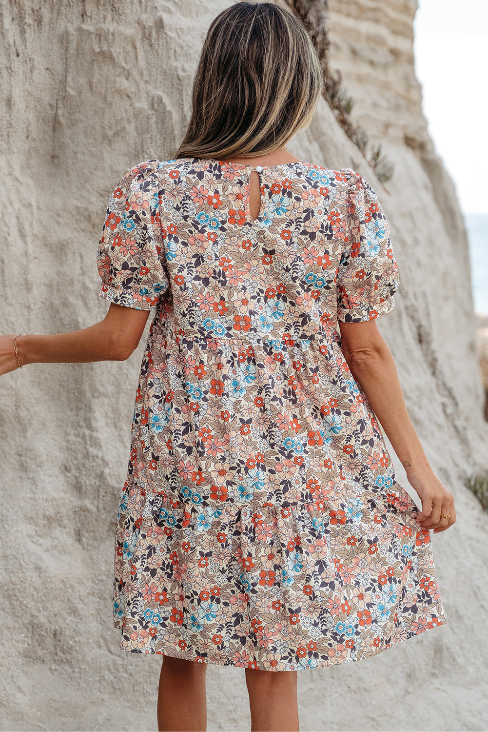 Boho Floral Short Puff Sleeve Mini Dress