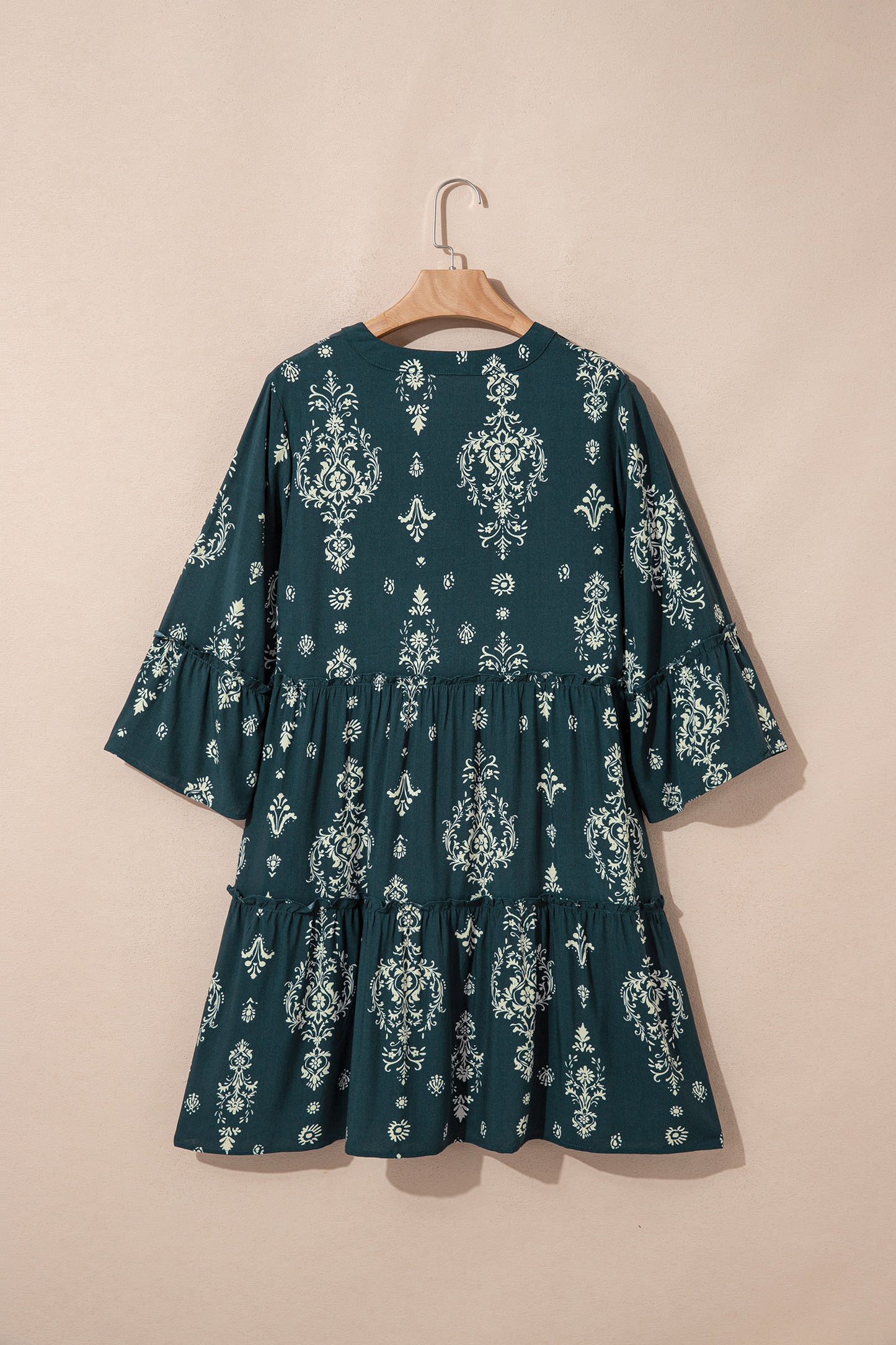 Boho Floral Lettuce Trim 3/4 Sleeve Mini Dress