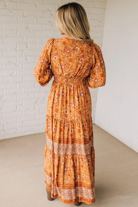 Boho Floral Smocked Waist Long Sleeve Maxi Dress