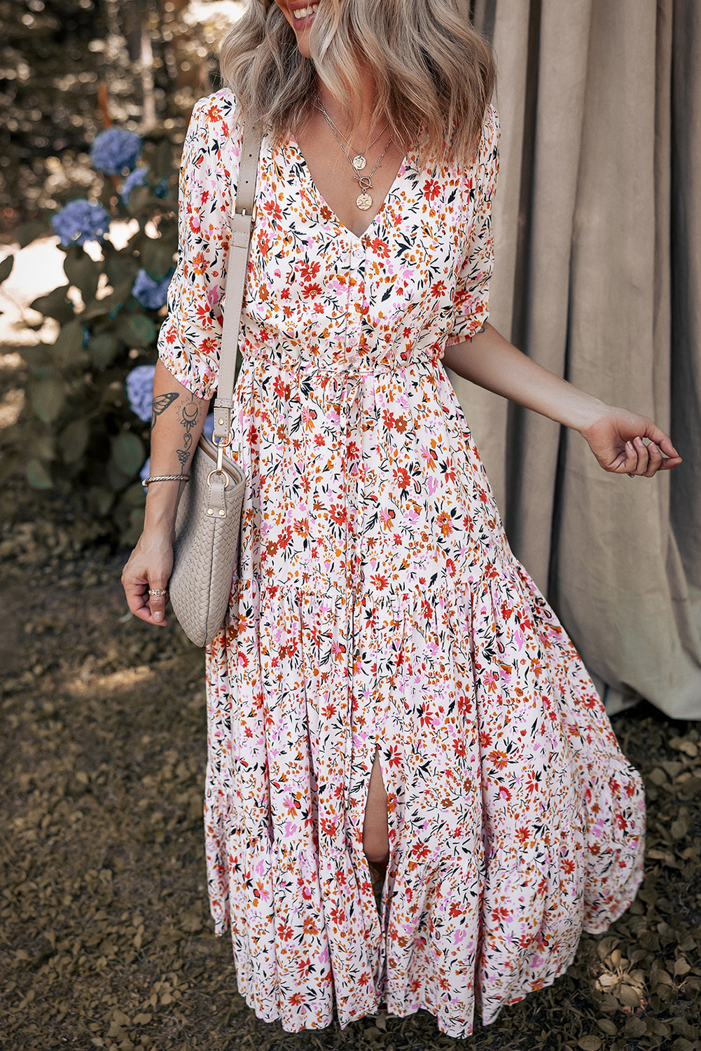 Boho Floral 3/4 Sleeve V‑Neck Maxi Dress