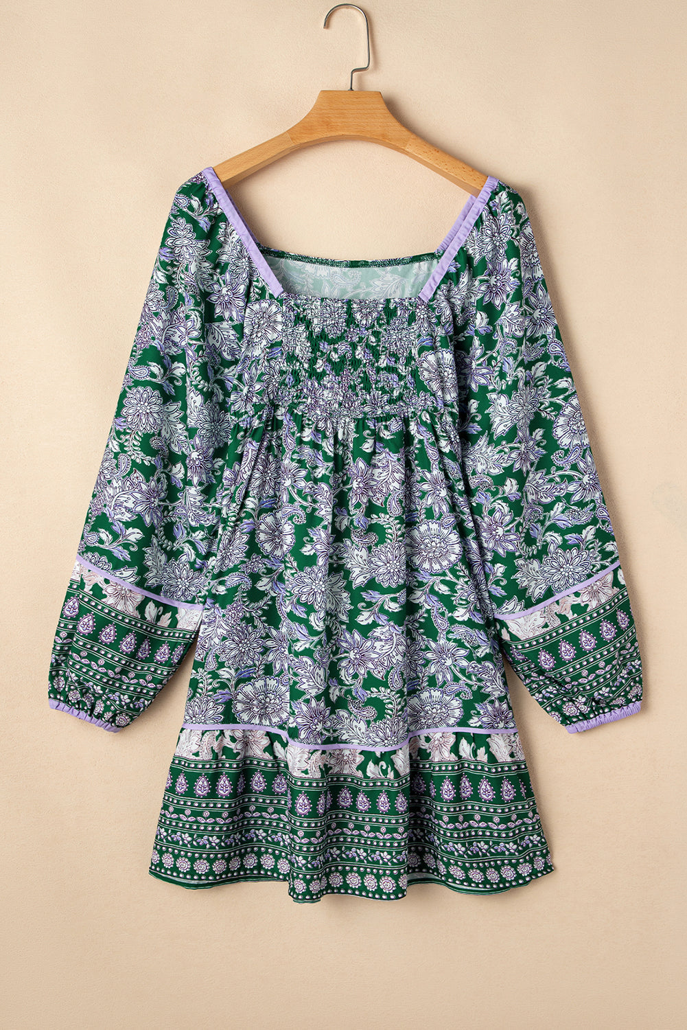 Boho Floral Piping Trim Bubble Sleeve Dress